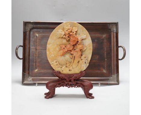 A Chinese white metal wall mounted hongmu tray and a Chinese carved soapstone table screen on stand, tray 44cm x 29.5cm