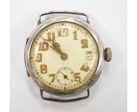 A WWI Rolex silver manual wind wristwatch, case hallmarked for 1916, case diameter 34mm, no strap.