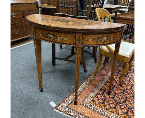 A Sheraton Revival painted rosewood banded satinwood folding card table, width 96cm, depth 43cm, height 72cm