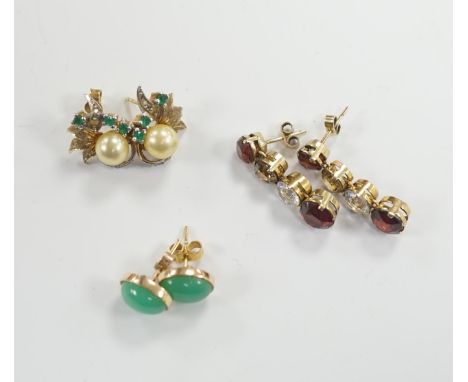 A pair of 1950’s emerald and cultured pearl cluster set  earrings,  17mm, a pair of yellow metal and four stone drop earrings