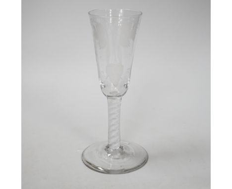 An English lead crystal SSOT ale glass, c.1760, the elongated round funnel bowl engraved with hops and barley, the stem with 