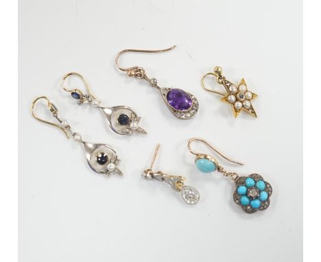 A group of four assorted Edwardian and later single earrings, including amethyst and diamond, turquoise and diamond, seed pea