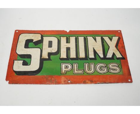 Three enamel advertising signs including BP Motor Spirit and Sphinx Plugs, largest 61cm wide