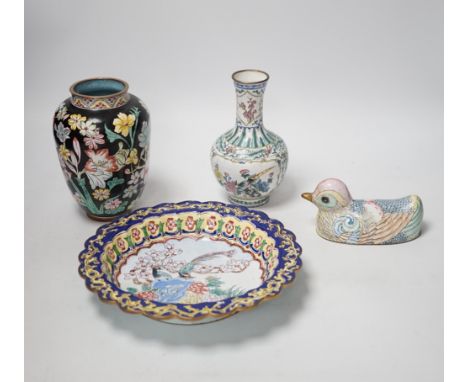Two Chinese Canton (Guangzhou) enamel vases, a bowl and a 'duck' box and cover (4)
