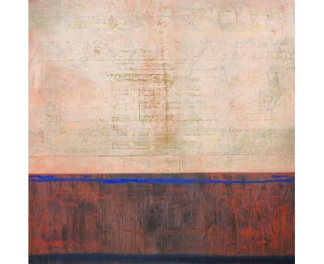 Sheila Geogeohay (Contemporary) abstract oil and mixed media on canvas, By the Fire, inscribed verso, 94cm x 94cm, unframed