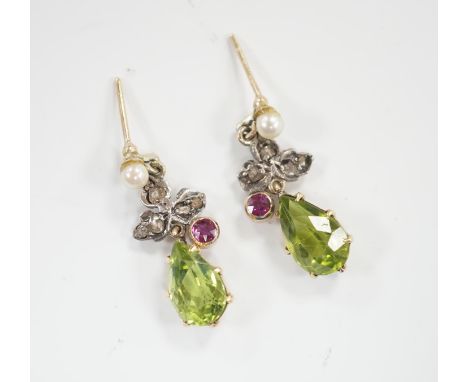 A pair of yellow metal, peridot, red stone, cultured pearl and rose diamond cluster set drop earrings, 25mm, gross weight 3.9