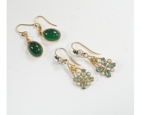 A pair of yellow metal and cabochon chrysoprase set drop earrings and a pair of yellow metal, aquamarine coloured stone and s