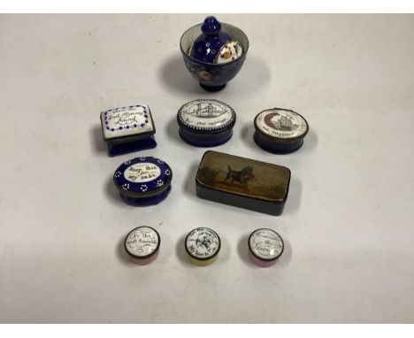 Two South Staffordshire enamel sweetheart patch boxes and two similar snuff boxes, three South Staffordshire enamel pill boxe