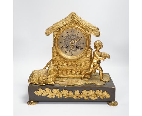 A 19th century ormolu clock, Richard &amp; Cie stamped movement, case formed as a log cabin with child and sheep figural grou