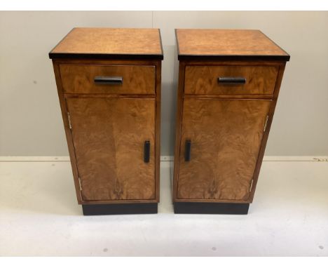 A pair of Art Deco style walnut and bird's eye maple bedside cabinets, width 36cm, depth 37cm, height 74cm