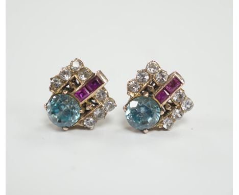 A pair of  Art Deco yellow metal, blue zircon and two colour paste set cluster ear studs, 11mm, gross weight 4 grams.