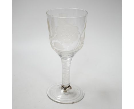 An English lead crystal Jacobite goblet, c.1750-60, bowl of ogee form, engraved with open and one closed rose and thistle, DS