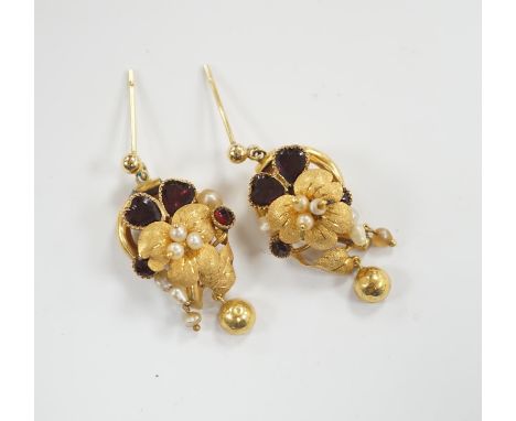 A pair of Victorian yellow metal, garnet and pearl set drop earrings, of foliate form, 31mm (adapted?), gross weight 6.8 gram