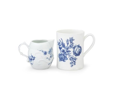A Worcester small jug, circa 1765, and a Worcester mug, circa 1770The jug of barrel shape with a delicate moulded handle, the