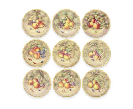 Nine Royal Worcester 'Painted Fruit' plates, circa 1950-70Of large size, the shaped gadrooned rims picked out in gold, fully 