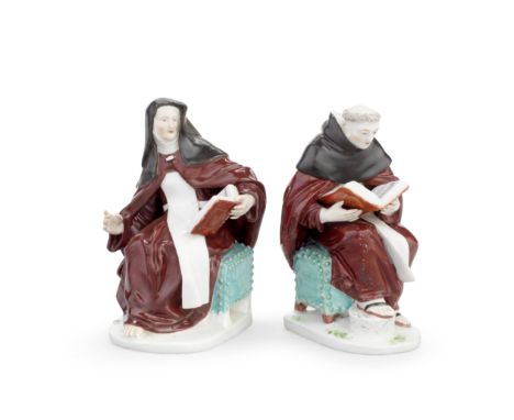 A pair of Derby figures of a Monk and a Nun, circa 1770-75Typically dressed in brown habits with a black cowl and veil, his t