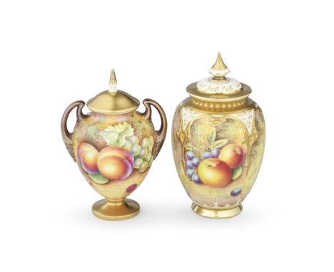 Two Royal Worcester 'Painted Fruit' vases and covers by Brian Leaman, circa 1970The larger quatrelobed pot pourri vase with a