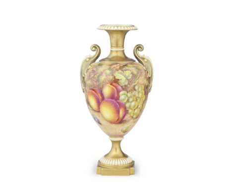 A Royal Worcester 'Painted Fruit' vase by John Freeman, circa 1970Of elegant classical form, the neck, foot and scrolled hand