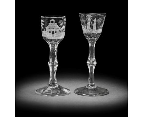 Two engraved facet stem wine glasses, circa 1780-90One with a round funnel bowl decorated with two figures in a chinoiserie l