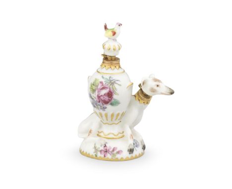 A good Chelsea double scent bottle and stoppers, circa 1758Modelled as a fine greyhound curled around the foot of a classical