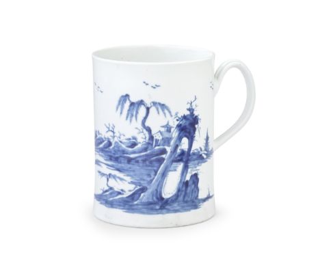 A very rare Worcester mug, circa 1756-58Of cylindrical form with a grooved loop handle, painted in blue with the 'Chinoiserie