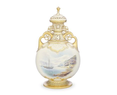A Royal Worcester Exhibition vase and cover by Edward Salter, dated 1892Of flattened ovoid form, the shoulder with lambrequin