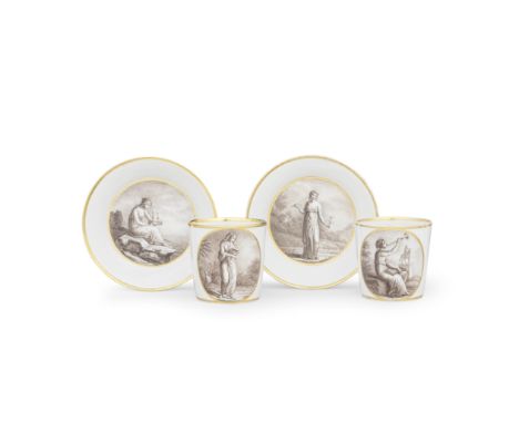 A pair of Flight and Barr coffee cans and saucers, circa 1795The cans of gently tapering form with ear-shaped handles, painte
