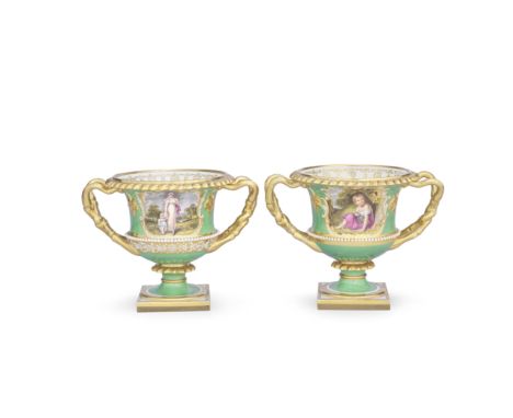 A pair of Flight, Barr and Barr Worcester 'Warwick vases', circa 1825-35Painted with titled panels, probably by John Penningt