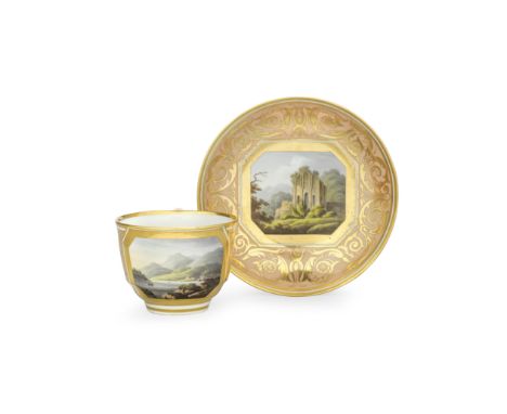 A Barr, Flight and Barr Worcester teacup and saucer, circa 1807The cup with a delicate ring handle, painted with a river scen