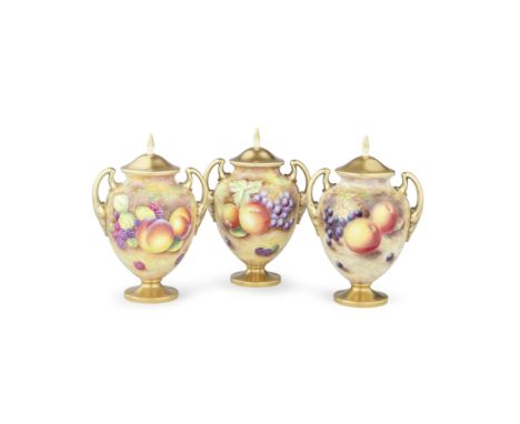 Three Royal Worcester 'Painted Fruit' vases and covers by Brian Leaman and Bernard Schwarz, circa 1965-70Of ovoid form, the c