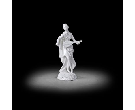 A figure of Hearing or possibly a Muse, perhaps Volkstedt, 19th century The maiden in dancing pose holding a string instrumen
