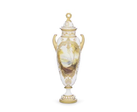 A Royal Worcester vase and cover by Harry Davis, dated 1912Of slender form, painted with a landscape in the style of Corot, a