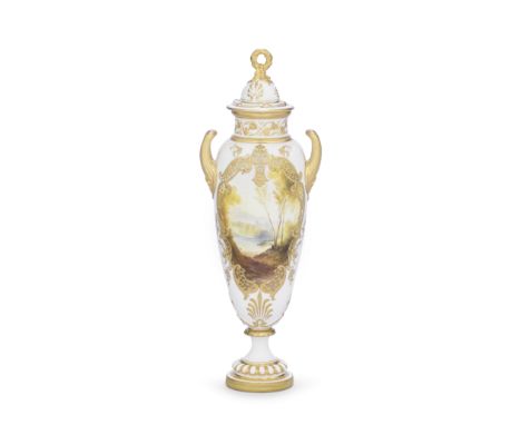 A Royal Worcester vase and cover by Harry Davis, dated 1912Of slender form, painted with a landscape in the style of Corot, a