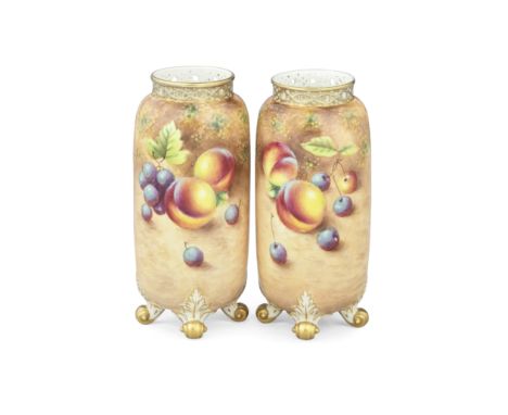 A pair of Royal Worcester 'Painted Fruit' vases by William Roberts, circa 1960Of cylindrical form with pierced gallery rims a