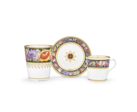 A Flight and Barr Worcester beaker and coffee can and saucer, circa 1800Profuse floral bands painted against a black ground, 