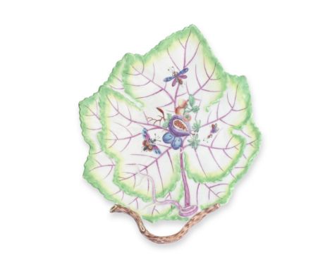 A Worcester leaf dish, circa 1770In the shape of overlapping vine leaves with an applied twig handle, painted in the workshop