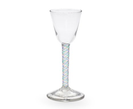 A very rare tartan colour twist wine glass, circa 1765The round funnel bowl on a single-series stem comprising four alternati