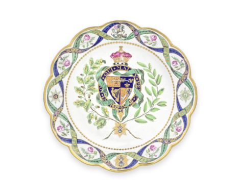 A fine Flight Worcester plate from the Duke of Clarence service, circa 1789The elaborate border of entwined bands in blue and