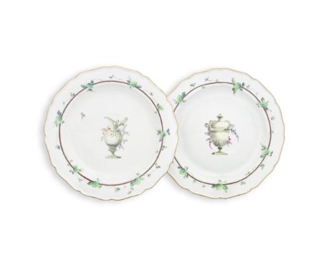 A pair of Worcester plates, circa 1770Of silver shape, painted in the London workshop of James Giles with classical urns care