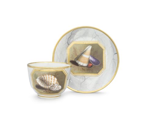 A Barr, Flight and Barr Worcester teacup and a saucer circa 1805Painted with octagonal gilt-edged panels of shells, coral and