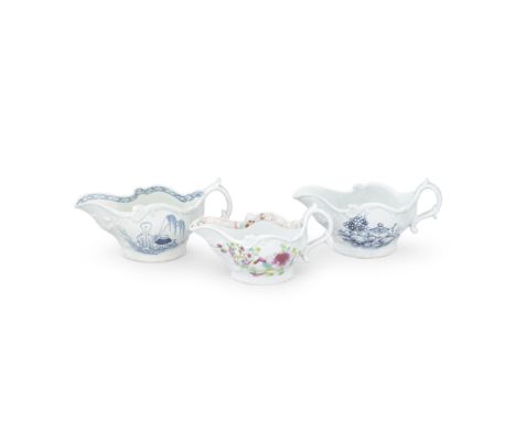 Three Liverpool (Richard Chaffers) creamboats or small sauceboats, circa 1756-65Of scroll-moulded form with double scroll han