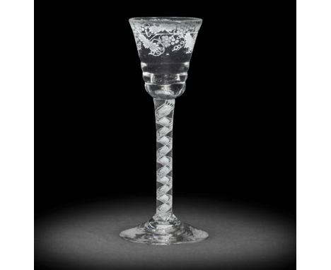 A fine and rare engraved 'Lynn' opaque twist wine glass, circa 1760-70The slightly waisted round funnel bowl moulded with thr