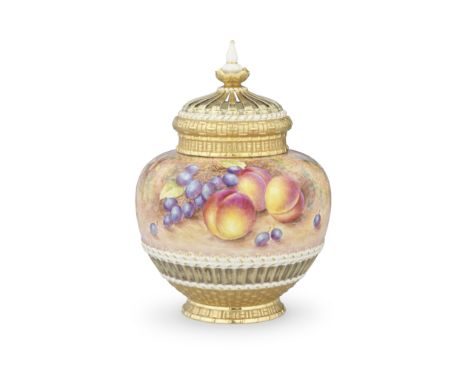 A large Royal Worcester 'Painted Fruit' pot pourri vase and covers, by John Freeman, circa 1950-70Of globular form, the lower