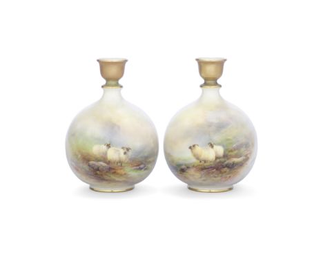 A pair of Royal Worcester vases by Harry Davis, dated 1913Of globular from, the nozzle-shaped necks picked out in bronze, gre