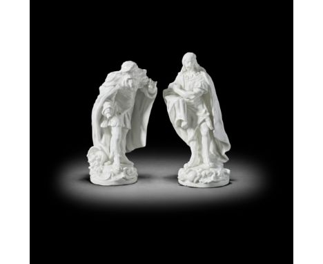 A pair of Derby 'Dry Edge' figures of St Thomas and St Philip, circa 1752Boldly modelled with deep undercutting, St Thomas wi