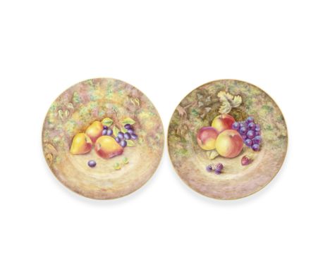 Two Royal Worcester 'Painted Fruit' plates by Brian Leaman and David Scyner, circa 1975Of circular form with gold rims, paint