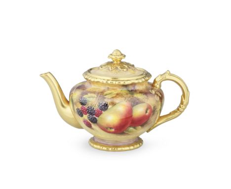 A Royal Worcester 'Painted Fruit' teapot and cover by John Smith, circa 1970Of generous size, fully painted with autumn fruit