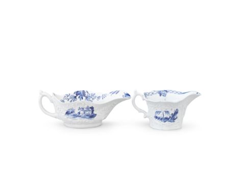 A Worcester sauceboat and a Worcester creamboat, circa 1755-58The sauceboat of low-footed form and small size crisply moulded