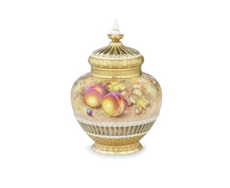 A Royal Worcester 'Painted Fruit' pot pourri vase and covers by John Freeman, circa 1950-70Of globular form, the lower sectio