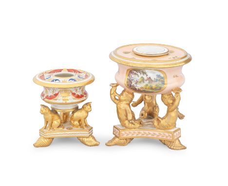 Two rare Derby inkwells and a liner, circa 1815Of circular form on triangular bases with gilded supporters and conch shell fe